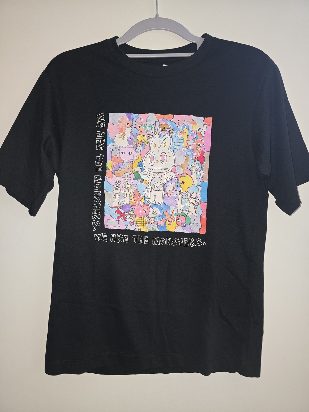 Uniqlo Black Short-Sleeve Tee with Colorful Cartoon Monster Panel